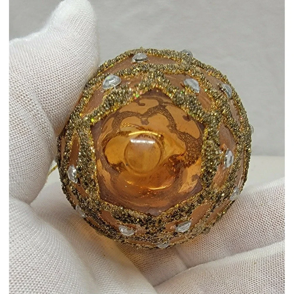 Vintage Poland Glass Pinecone Ornament Brown Gold Glitter Rhinestone 630t 1980